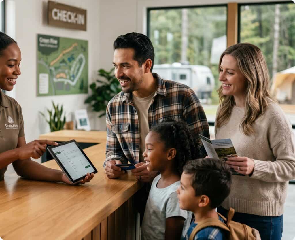 Family checking in at a campground front desk