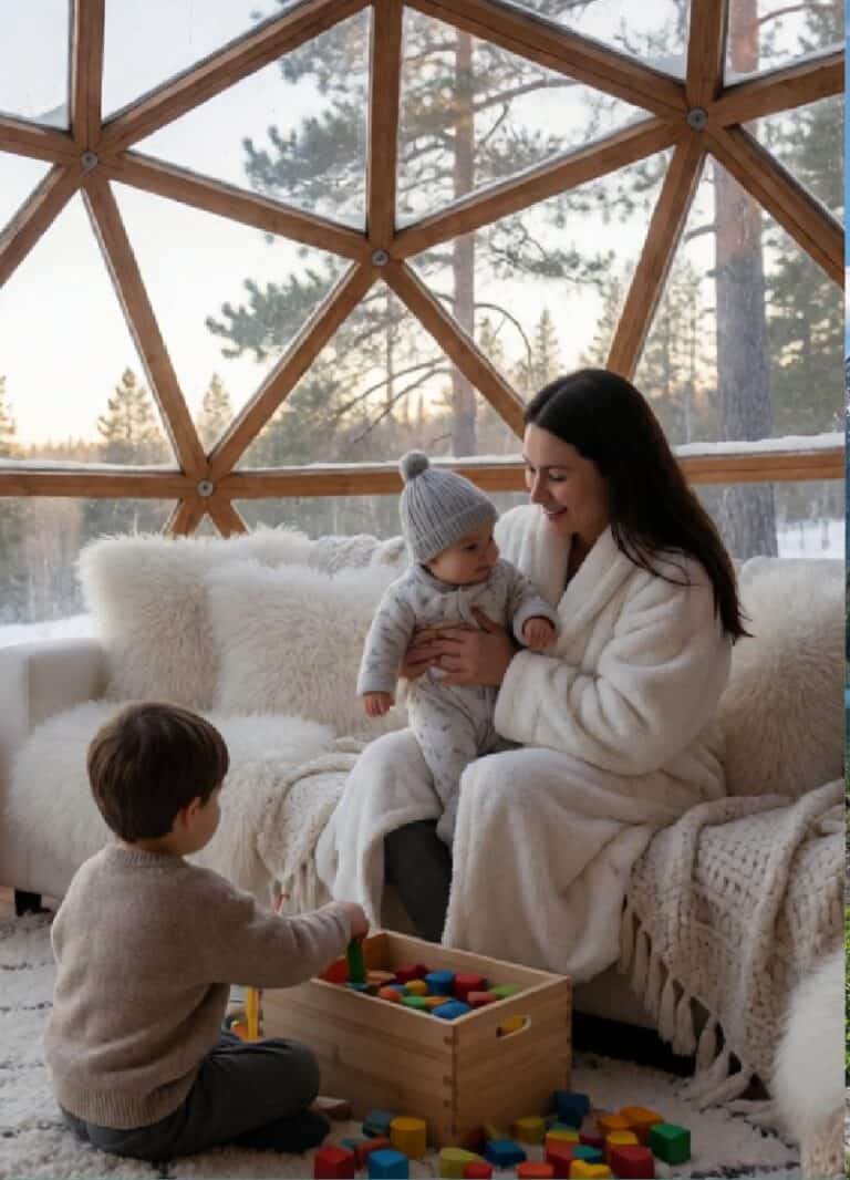 Mother and children inside a glamping dome