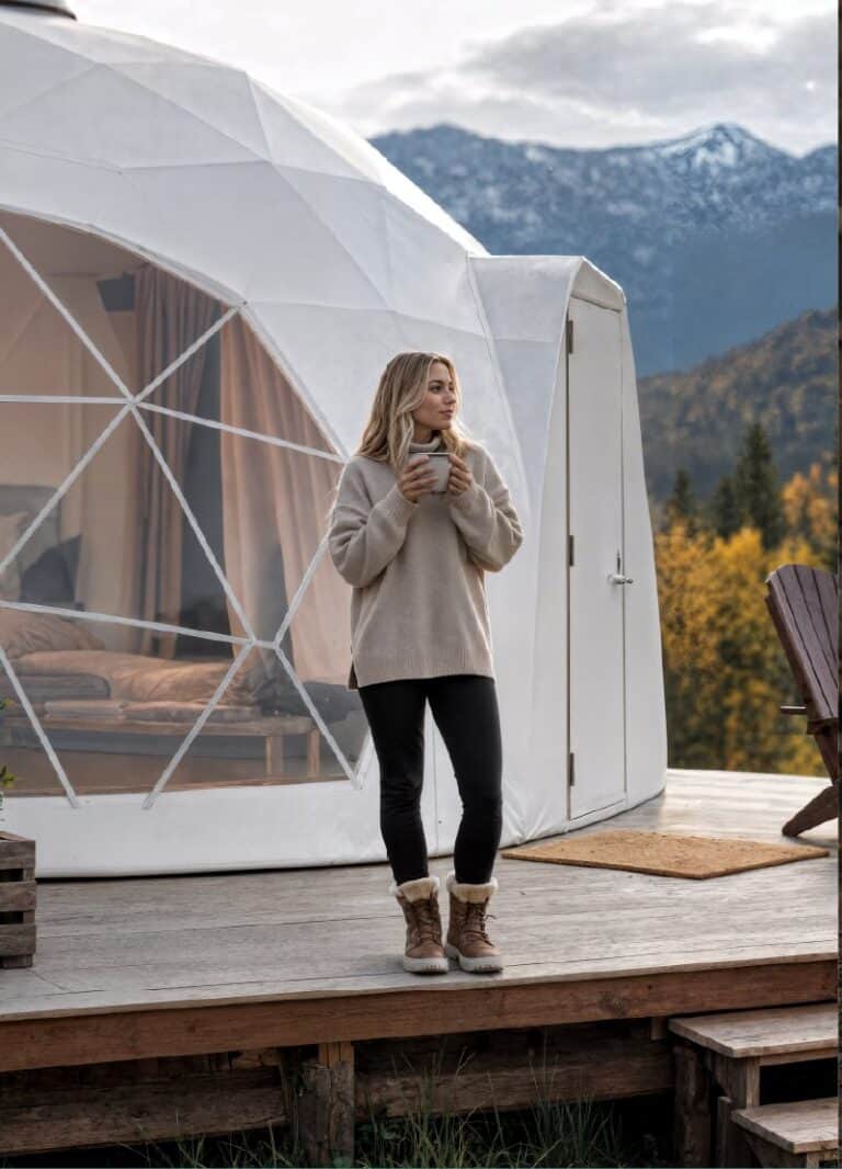 Woman outside a glamping dome in the mountains